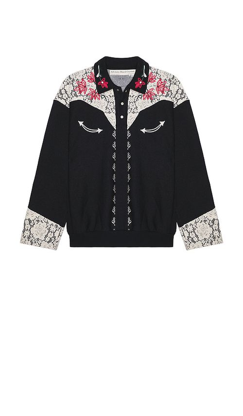 Advisory Board Crystals Western Shirt Style Collared Crew in Black & Ecru Lace - Black. XL/1X also in