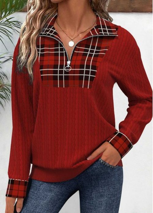 Modlily Deep Red Patchwork Plaid Long Sleeve Sweatshirt