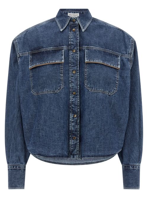 Denim with Monile-Trimmed Pockets Shirt — Blue