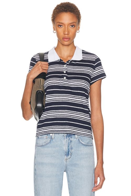 FRAME The Striped Short Sleeve Polo in Navy Multi - Navy,White. L also in M