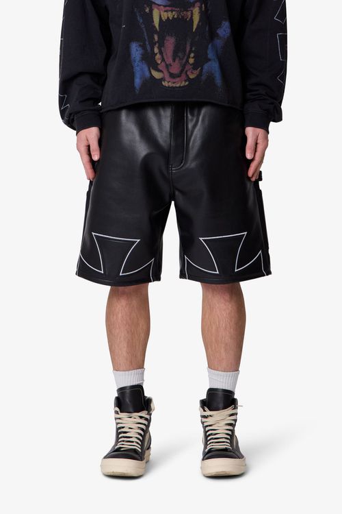 Baggy Iron Cross Leather Shorts - Black
