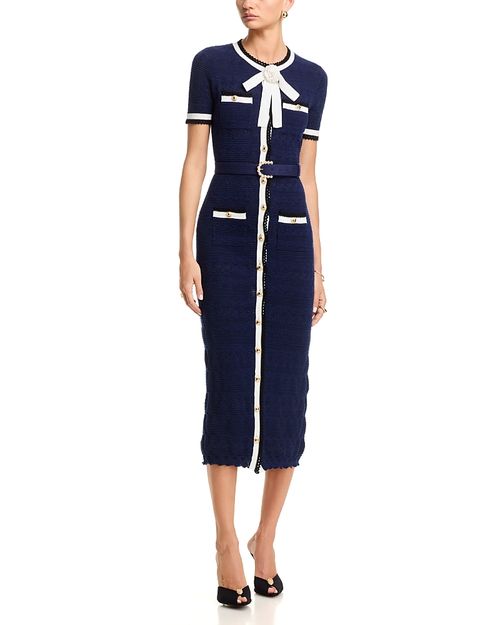 Navy Pointelle Knit Midi Dress