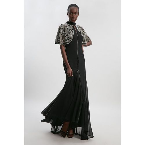 Karen Millen Womens Crystal Embellished Cutwork Cape Detail Woven Maxi Dress - Black