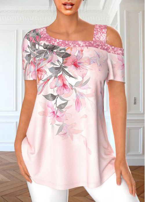Modlily Light Pink Sequin Floral Print T Shirt