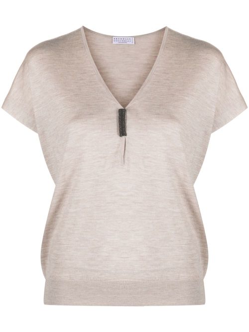Monili-detail fine-knit T-shirt - Neutrals
