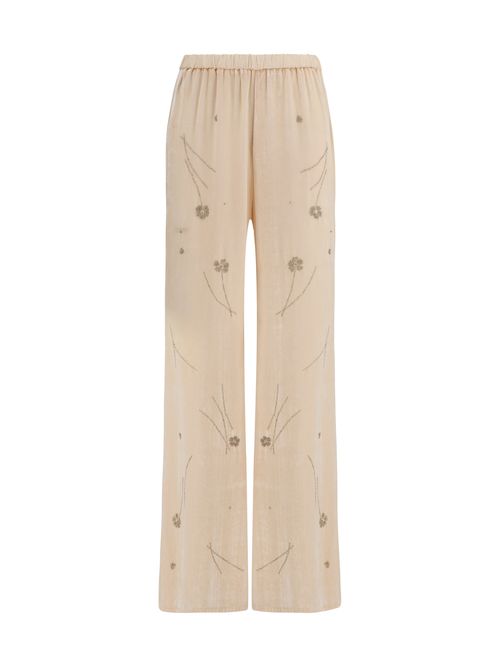 Floral Embroidered Crushed Velvet Trousers — Beige