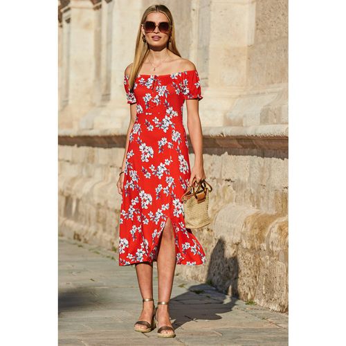 Sosandar Womens Red Floral Print Bardot Midi Dress - Size 10 UK