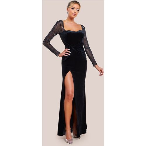 Hotfix Diamante Sleeve Front Split Velvet Maxi Dress