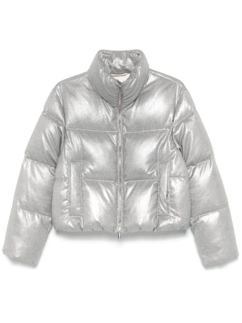 Lamé-Effect Goose Down Down Jacket — Silver