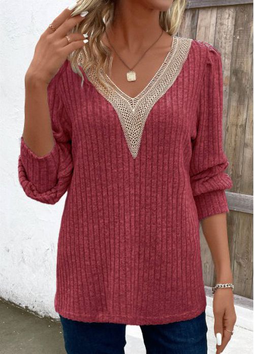 Modlily Dusty Blue Lace Long Sleeve V Neck T Shirt