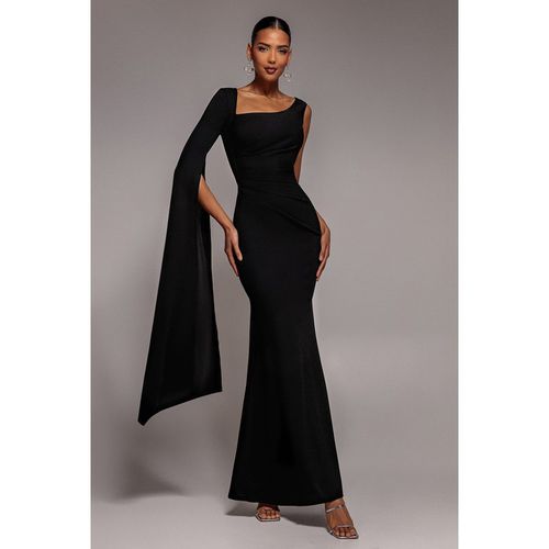 Goddiva One Shoulder Cape Sleeve Maxi Dress - Black