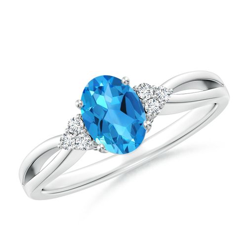 Angara 0.95 Carat Oval Swiss Blue Topaz Split Shank Ring with Trio Diamonds in Silver