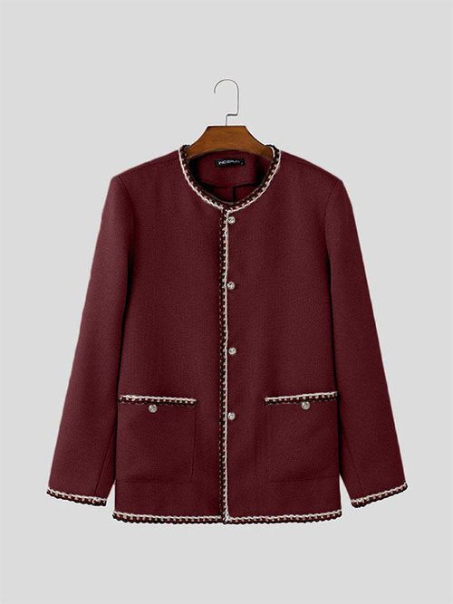 Mens Solid Color Checkered Long Sleeve Cardigan SKUK84778 - Wine Red / S