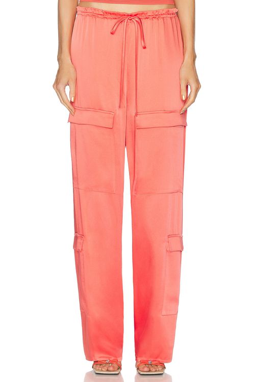Lapointe Doubleface Satin Drawstring Cargo Pant in Hot Coral - Coral.  XS also in L