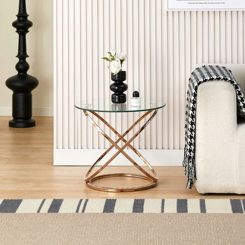 Comfy Living Round Tempered Glass Lamp Side Table, Chrome Effect, Gold or Silver Living Room - Gold