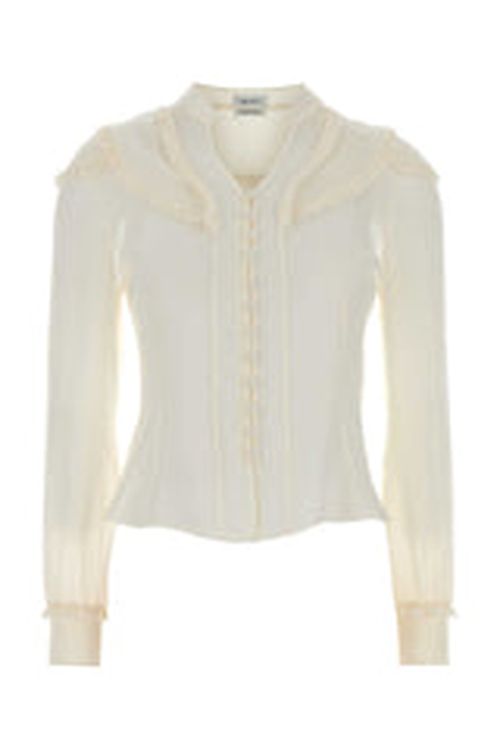 Ruffled Peter Pan Collar Silk Shirt — White