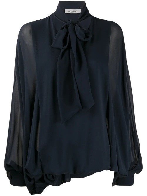 Pussybow Pouf Sleeve Blouse — Blue