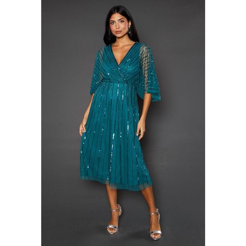 Wallis Women's Petite Occasion Embellished Sequin Cape Midi Dress in Green
