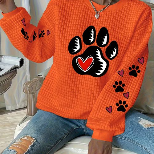 TEMU Plus Casual Waffle Sweatshirt - Cozy Long Sleeve Crewneck With Paw Print & , Black, Fall/winter, Women's Fashion, Pullovers, Casual Wear