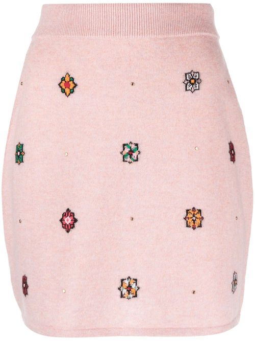 Floral-motif cashmere-cotton straight skirt - Pink