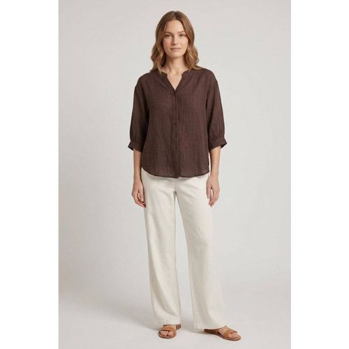 Izabel London Women's Relaxed Collarless 3/4 Sleeve Shirt in Brown