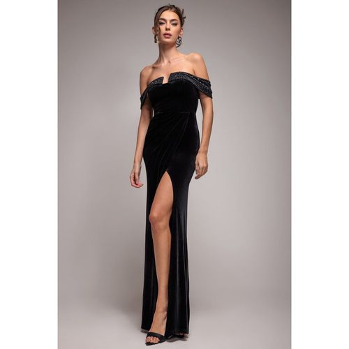 Goddiva Off Shoulder Hotfix Diamante Wing Velvet Maxi Dress - Black