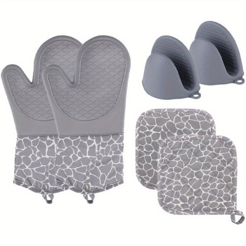 TEMU 6pcs Oven Glove And Pot Mat Set - Kitchen Gloves, Suitable For Baking, Grilling, And Cooking - Including Finger Grip Design And Insulation Pad