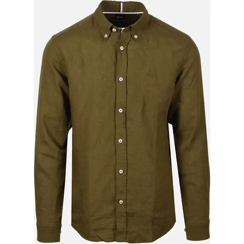 Men's Boss H-roan-bd-e-c1-243 Linen Shirt Dark Green - Size: 44