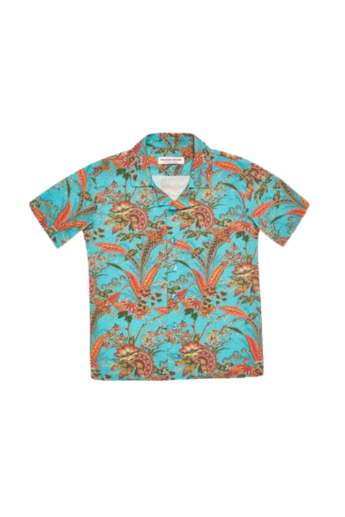 Lotus-Print Linen-Viscose Shirt — Turquoise