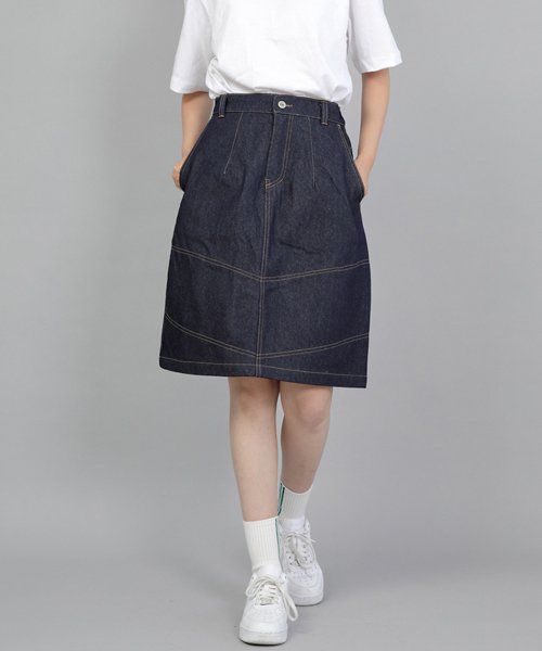 Wide Dome Half Band Midi Skirt WDM-1305 Indigo Denim BRS 