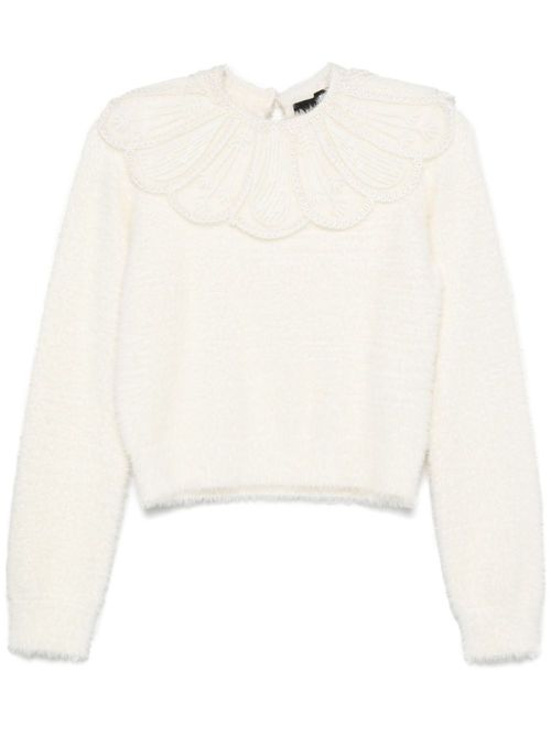 Lace-collar knit sweater - White