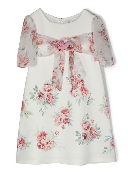 Floral-appliqué rose-print dress - White