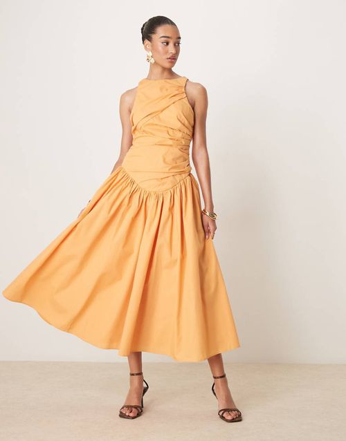 ASOS DESIGN structured ruched full skirt maxi dress in apricot-Orange
