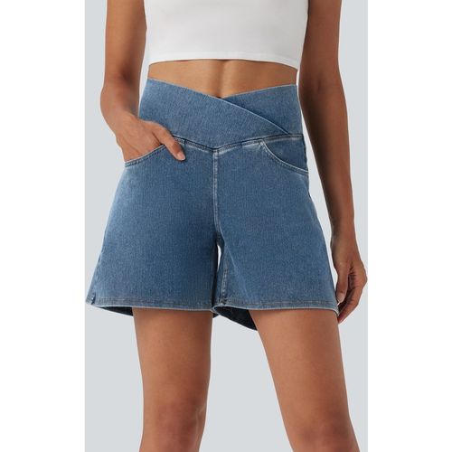 Halara Halara Flex™ Crossover High Waisted Pockets Wide Leg A Line Washed Denim Casual Shorts - Blue Surf Denim - XLregular