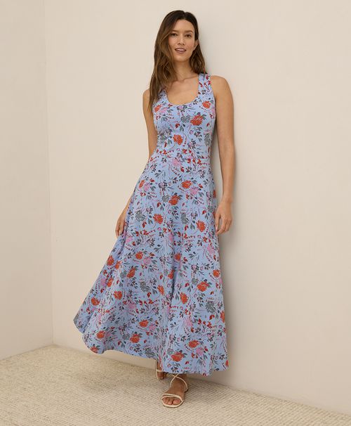 Women's Nightfall Blooms Cornflower Blue Fit & Flare Open Back Maxi Dre