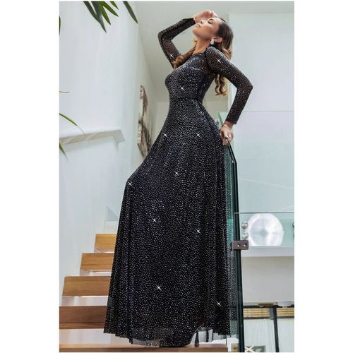 Goddiva Hotfix Diamante Mesh A-Line Long Sleeve Maxi Dress - Black