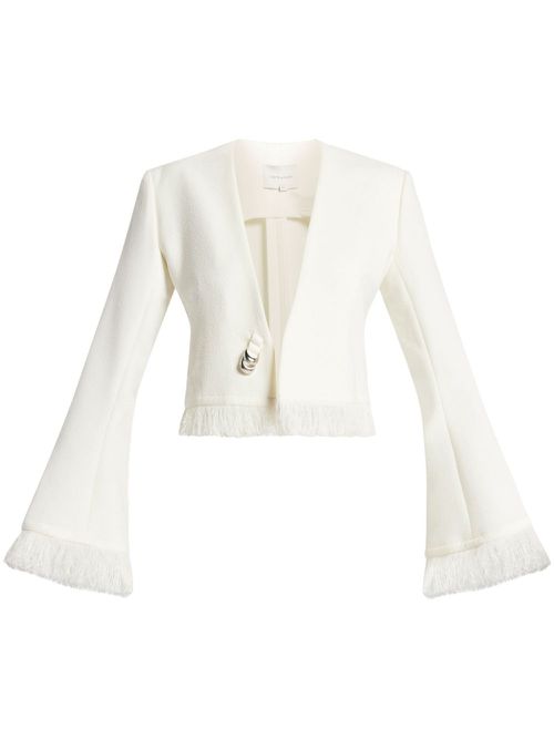 V-neck fringed cropped jacket - White