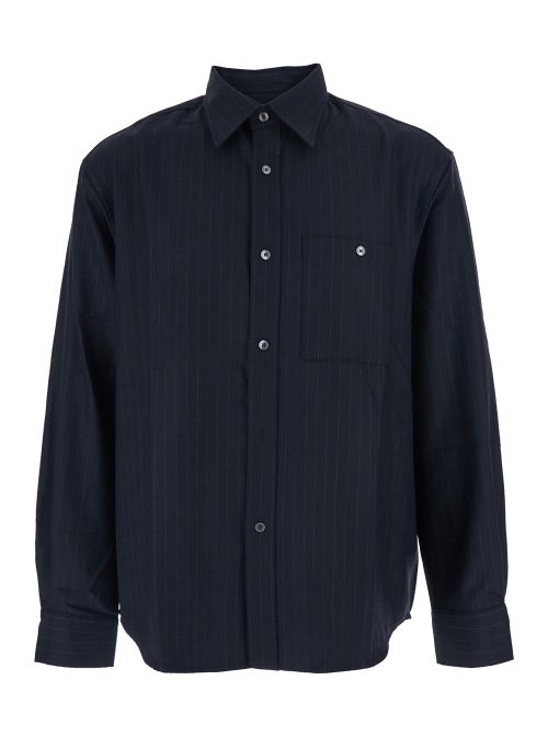 Pinstriped Wool Blend Shirt — Navy