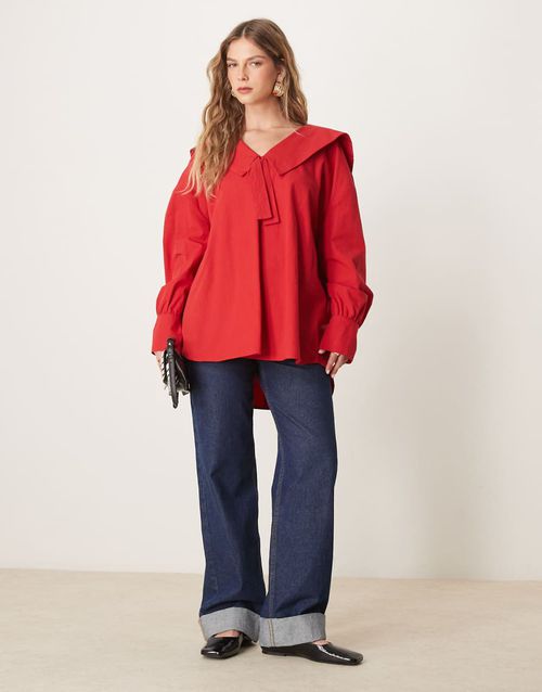 ASOS DESIGN poplin oversized tie front collar blouse in red