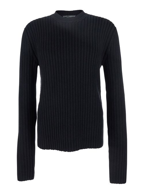 Black Ribbed Knit Crewneck Sweater With Logo Patch On The Rear In Wool Man