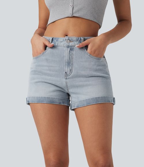 Flex™ Mid Rise Zipper Pockets Denim Casual Shorts 3''  - Baltic Sea Blue Denim