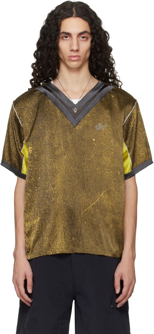 Khaki Satin Silk Double V-Neck Short Sleeve T-shirt