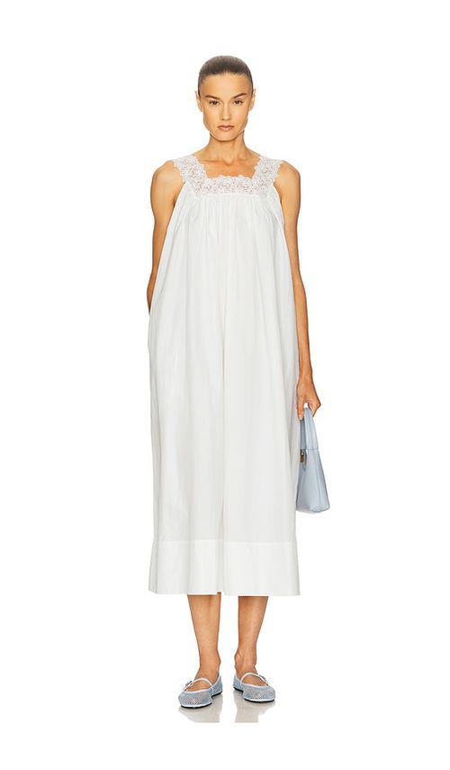 Helsa Midi Dress With Lace in Tech Poplin in White. - L also in S