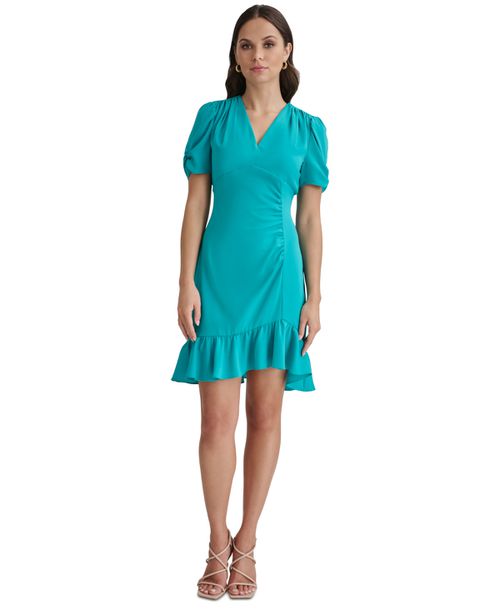 DKNY 여성 Women's Ruched-Sleeve A-Line Ruffle-Trim Dress - Gulf Blue