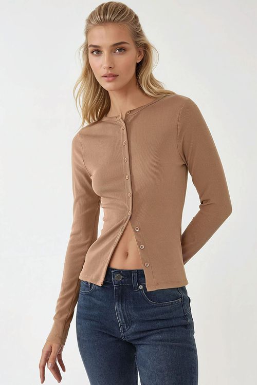 Brown Textured Knit Slim Fit Long Sleeve Blouse With Buttons Women