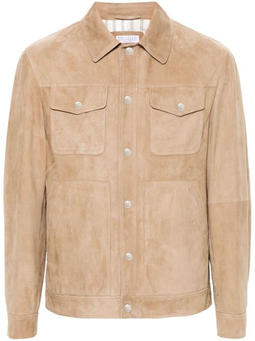 Classic-collar leather shirt jacket - Neutrals