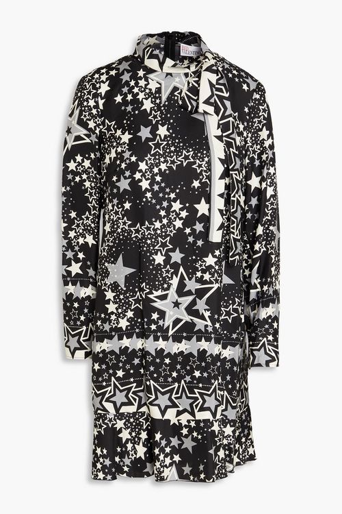 Pussy-bow printed silk-twill mini dress - Black - IT 38