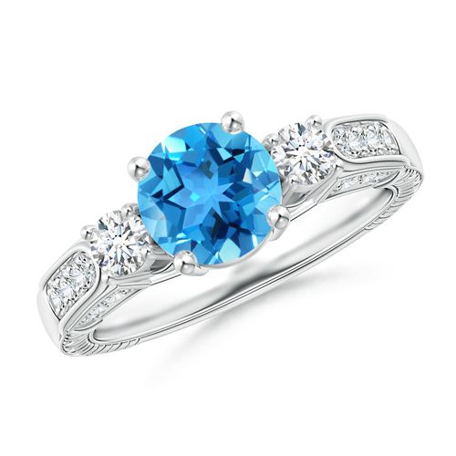 Angara 1.55 Carats Three Stone Round Swiss Blue Topaz and Diamond Ring in Platinum