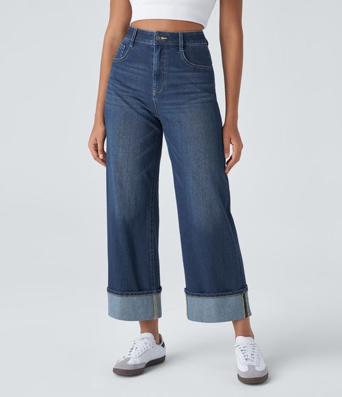 Flex™ High Waisted Pockets Rolled Hem Wide Leg Washed Casual Jeans  - Paint Blue Denim