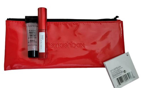 Deluxe Trial Size Set Smashbox: Super Fan Volumizing Mascara Black 5ml + Photo Finish Smoothing Liquid Primer 7.1ml + Red Fabric Bag